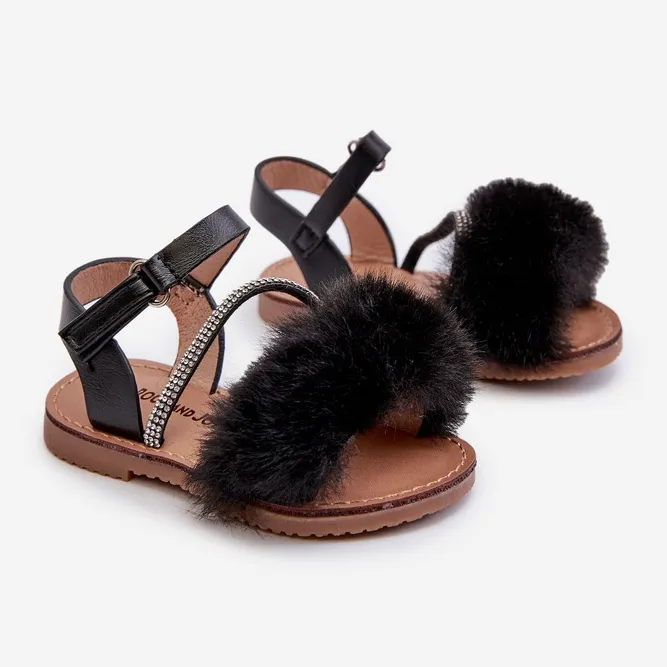 Black Furry Velcro Kids Sandals by Rosavere